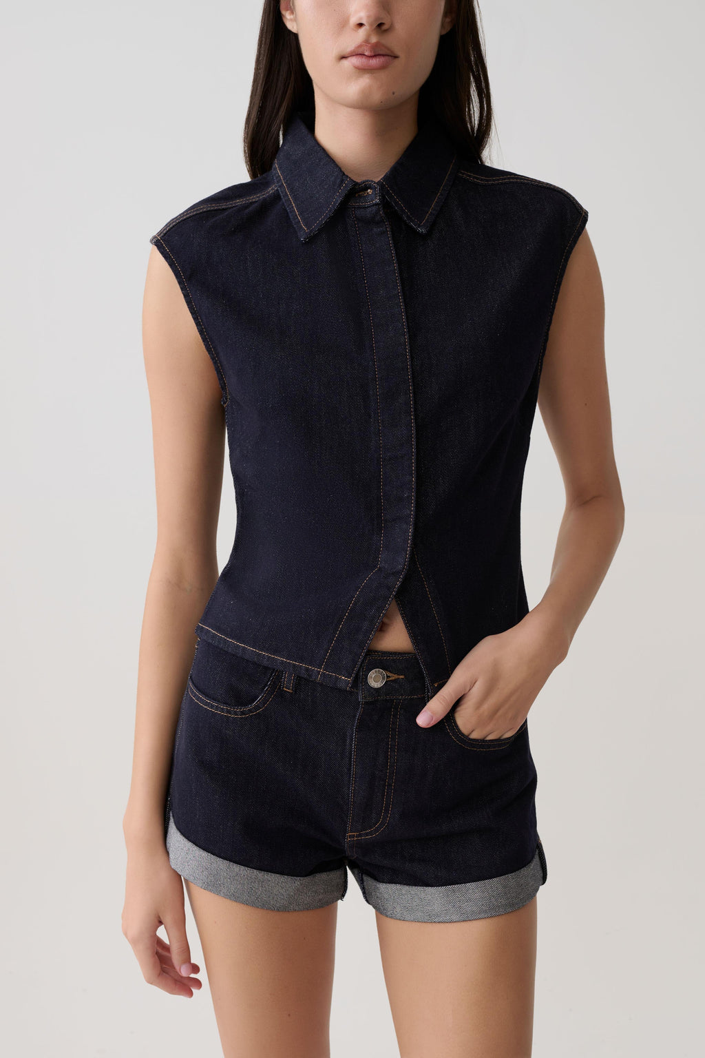 Denimshorts met omgeslagen zoom - Gewassen indigoblauw