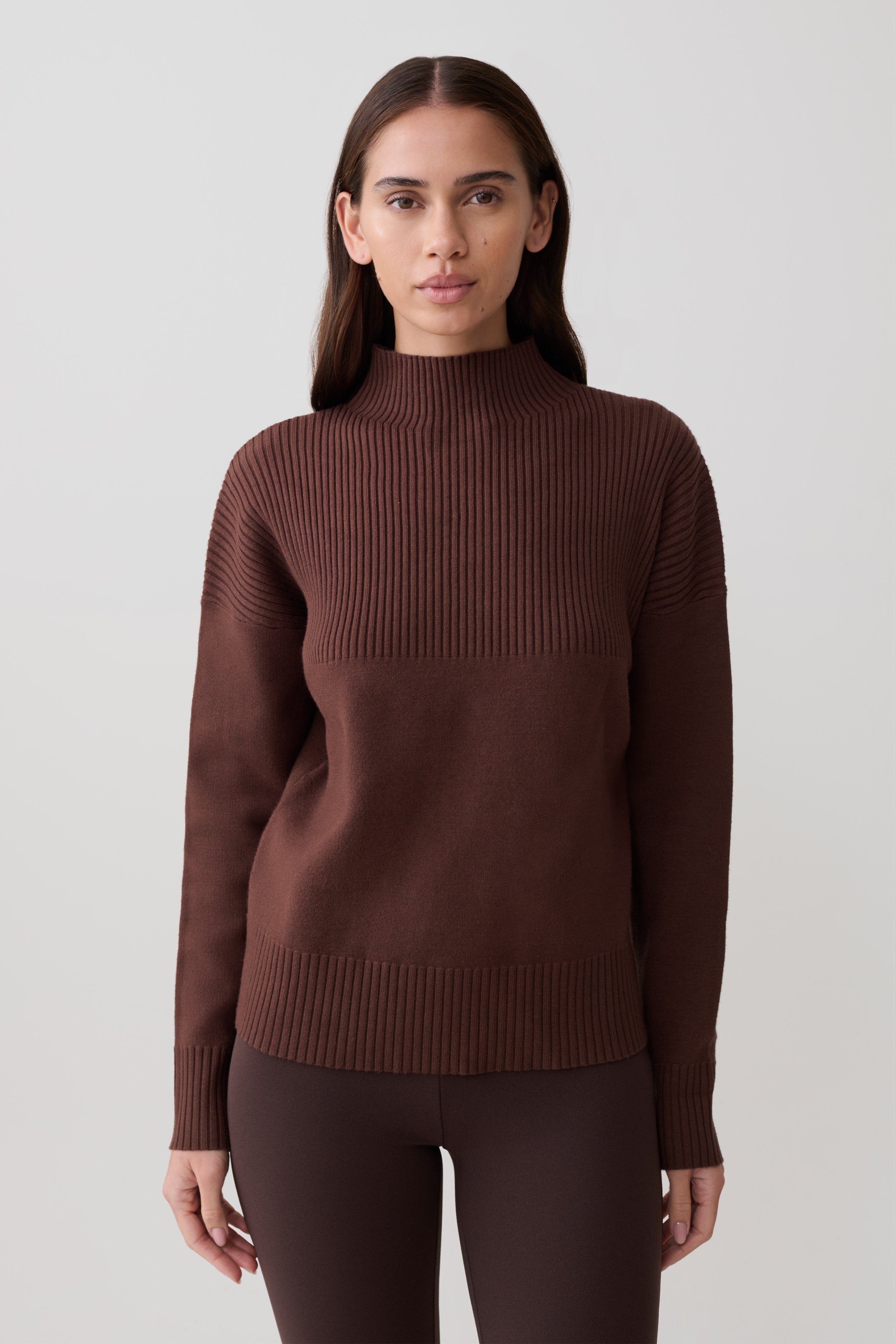 Ribbed High Neck Jumper - Chocolate