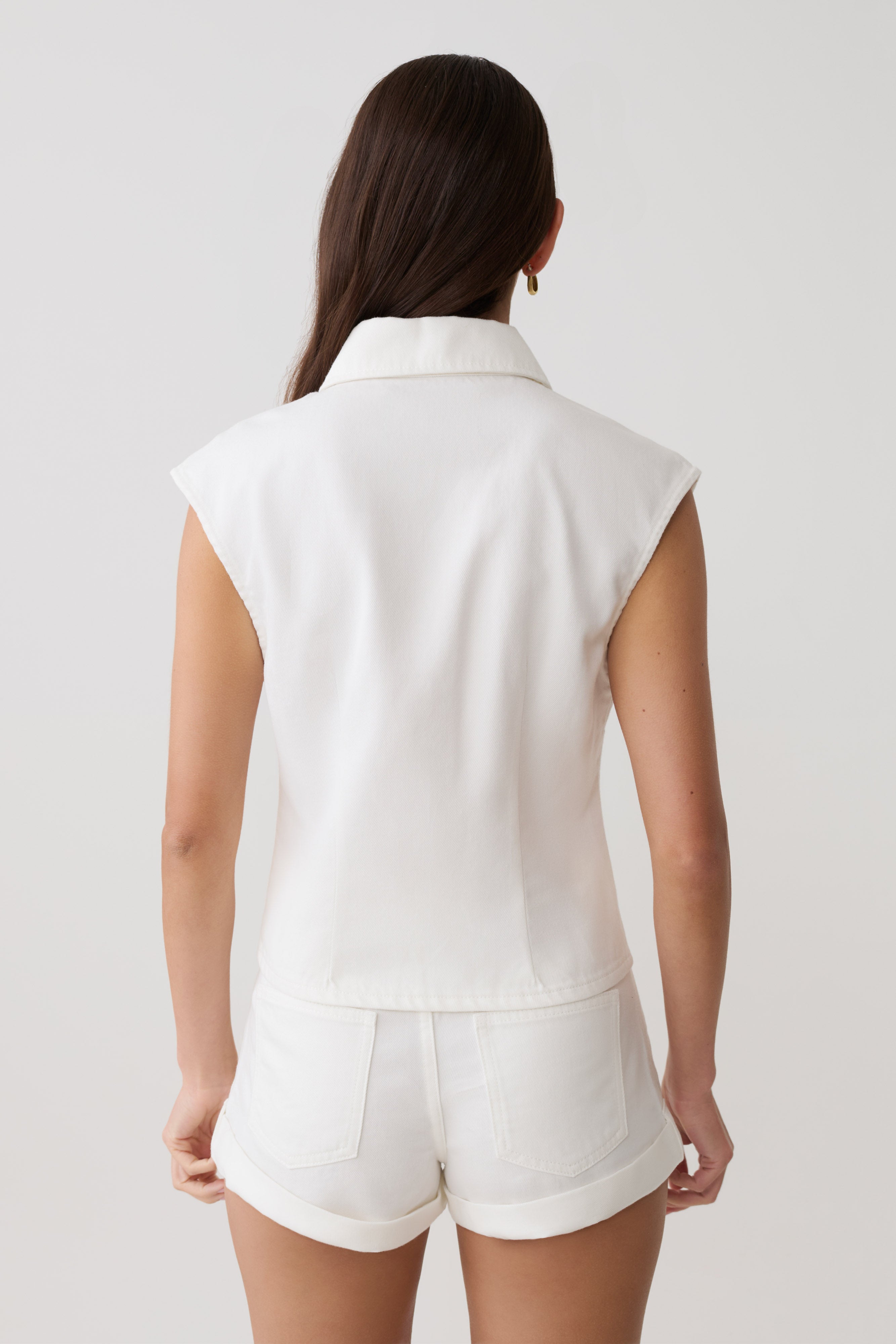 Collared Denim Longline Top - White