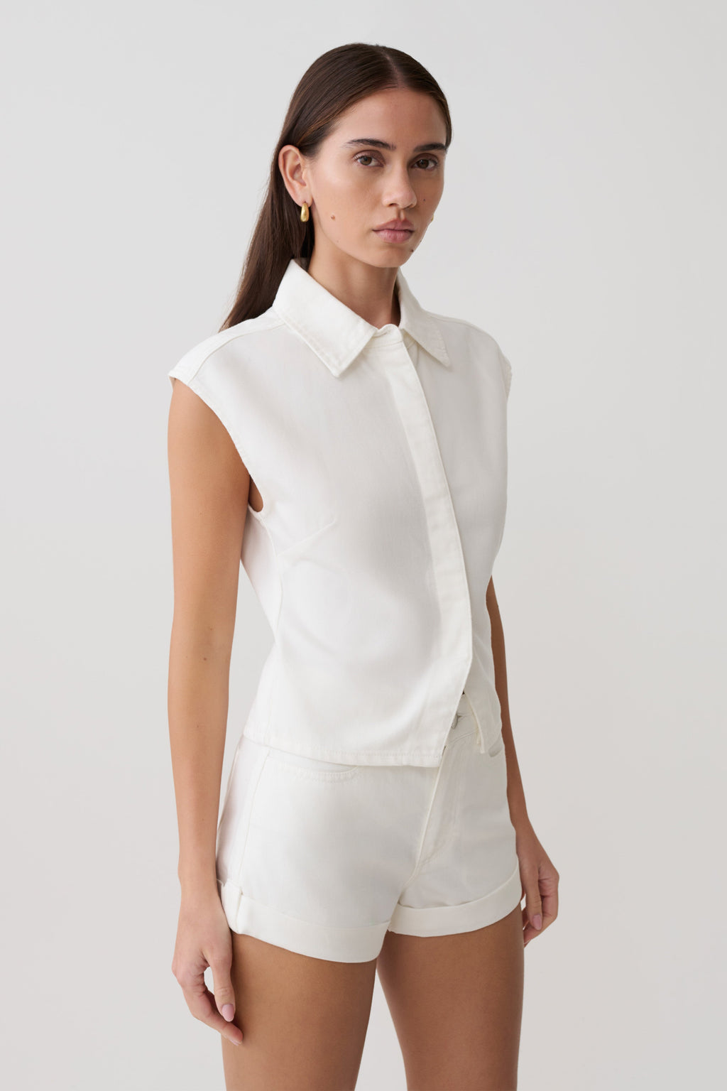 Collared Denim Longline Top - White