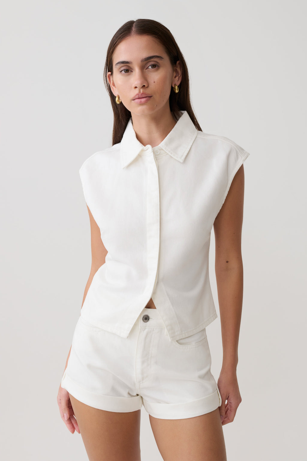 Collared Denim Longline Top - White