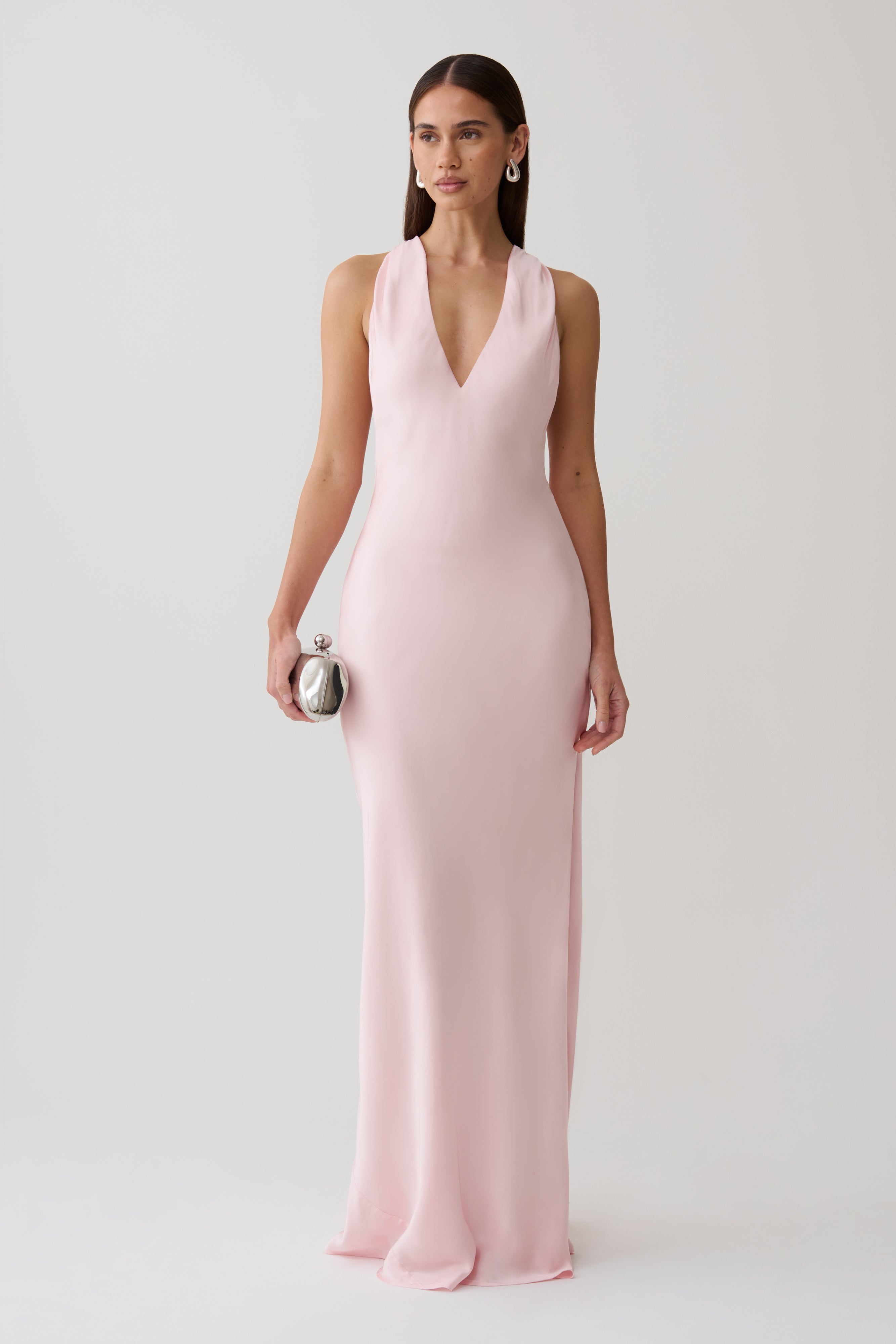 Halter Satin Maxi Dress With Hardware - Pale Pink