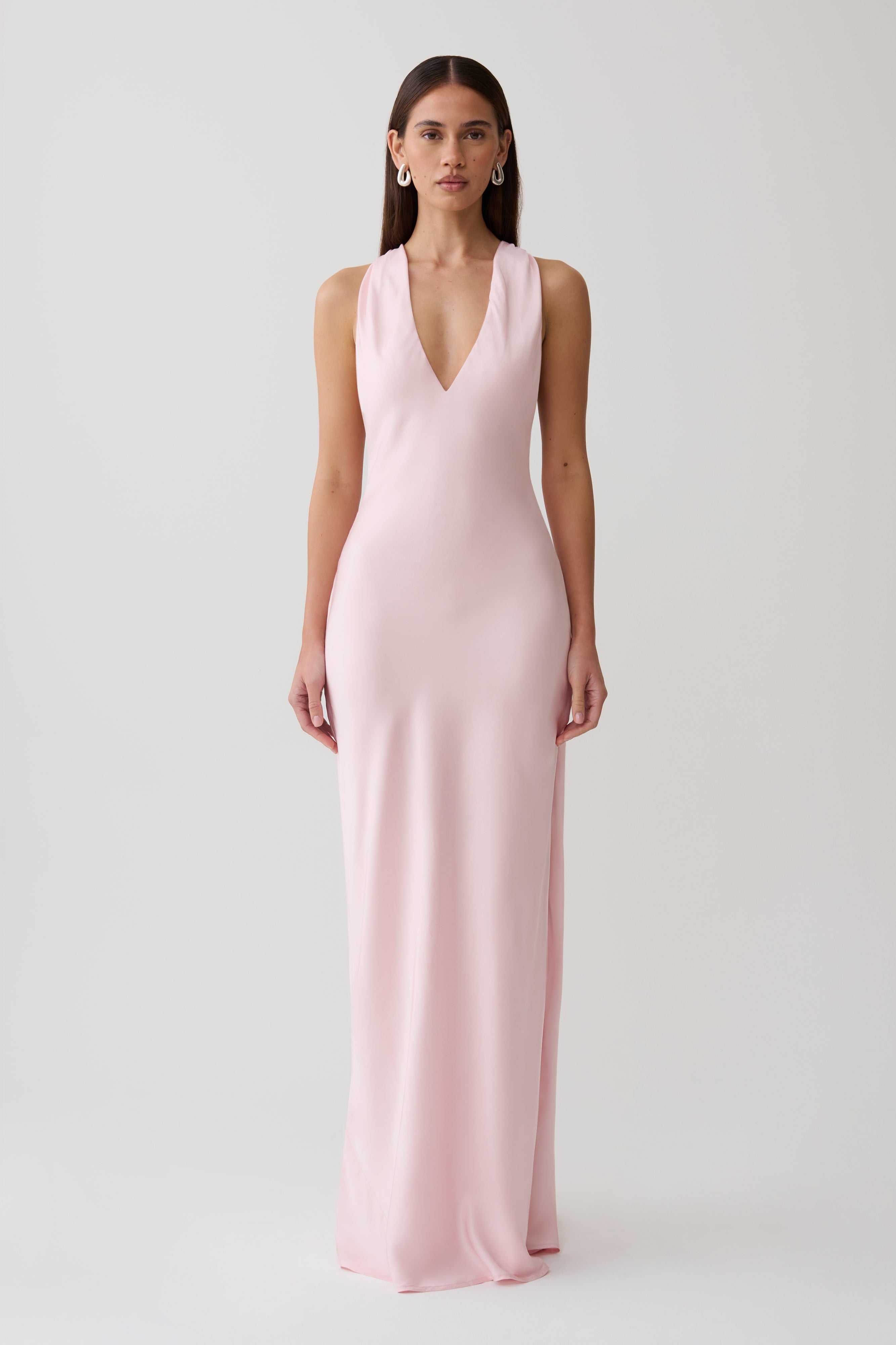 Halter Satin Maxi Dress With Hardware - Pale Pink