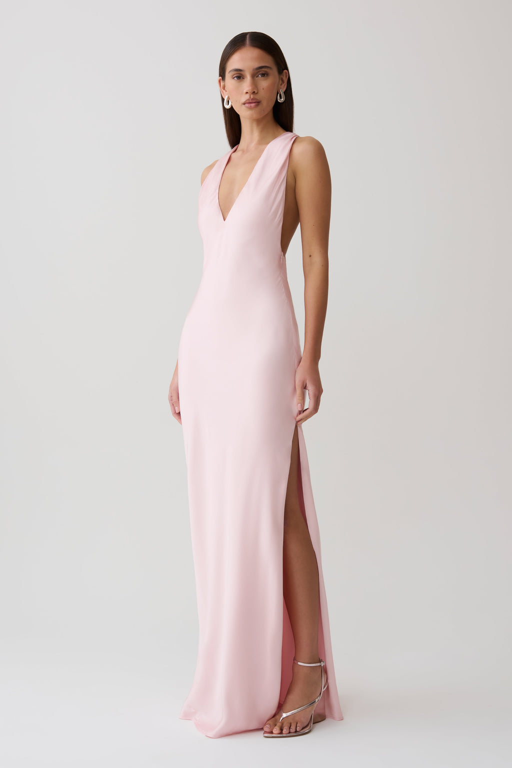 Halter Satin Maxi Dress With Hardware - Pale Pink