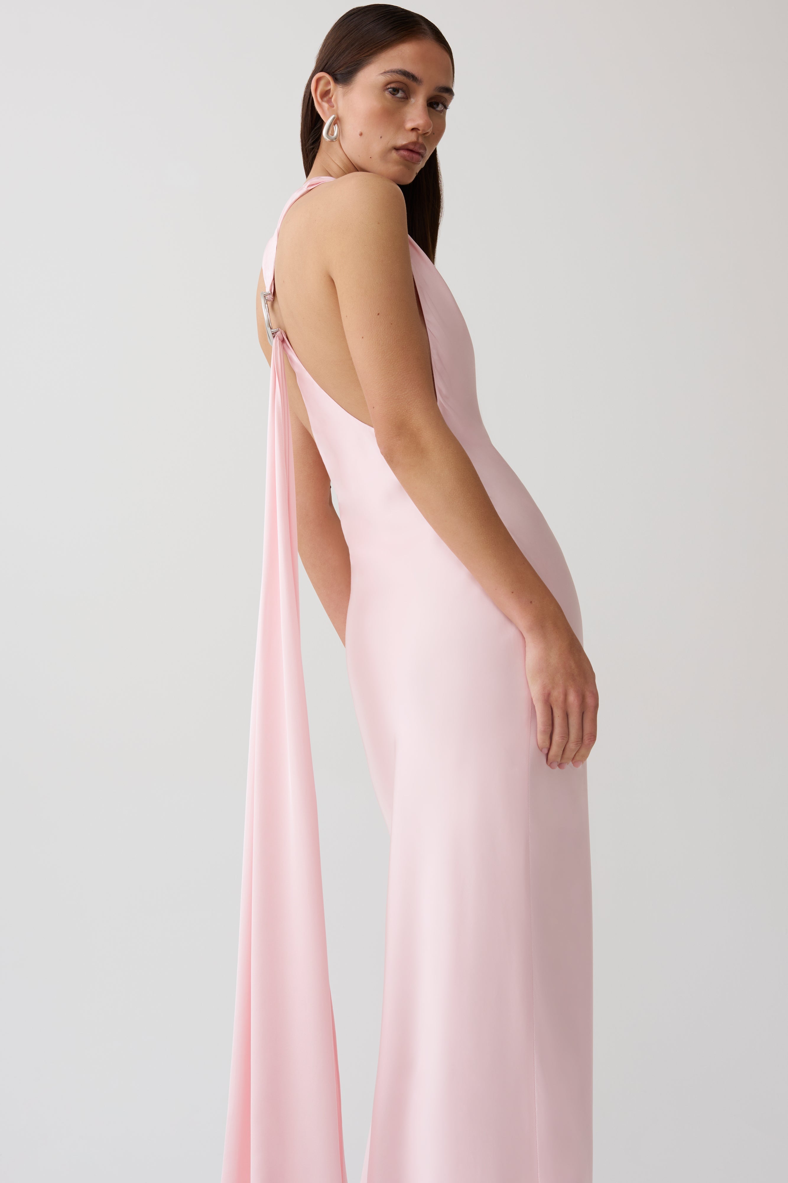 Halter Satin Maxi Dress With Hardware - Pale Pink