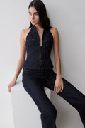Halter Longline Denim Top - Washed Indigo Blue