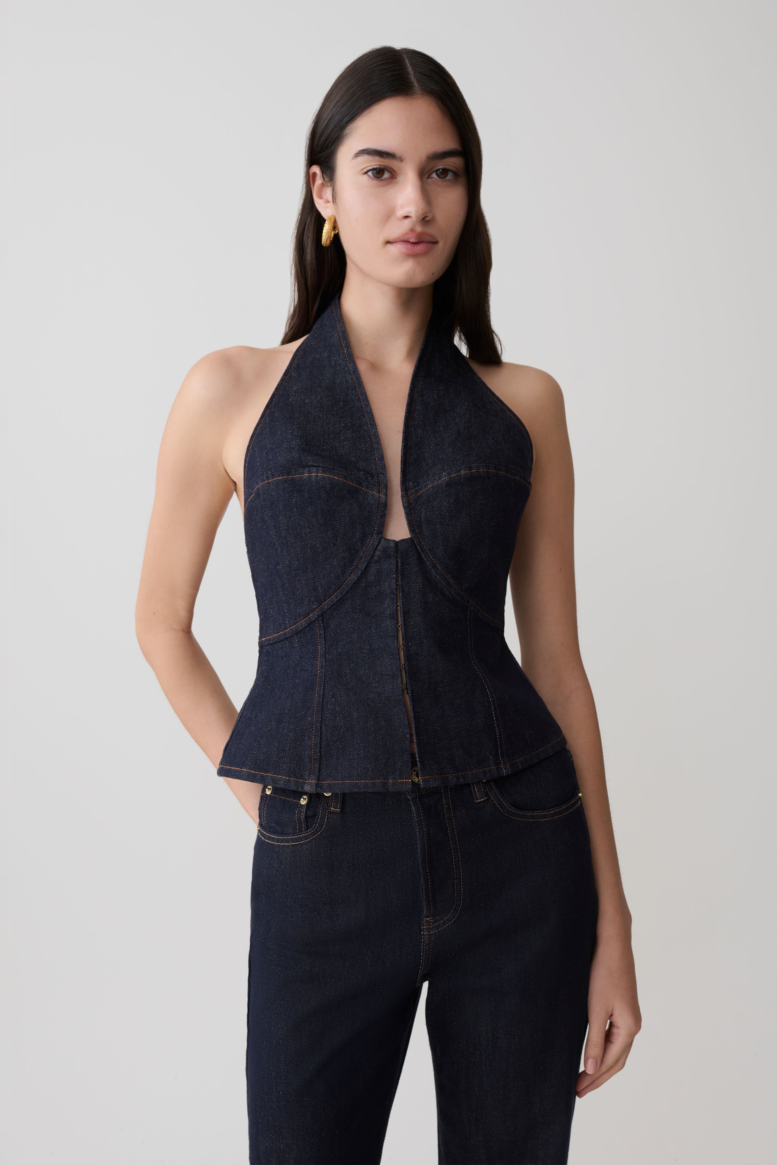 Halter Longline Denim Top - Washed Indigo Blue