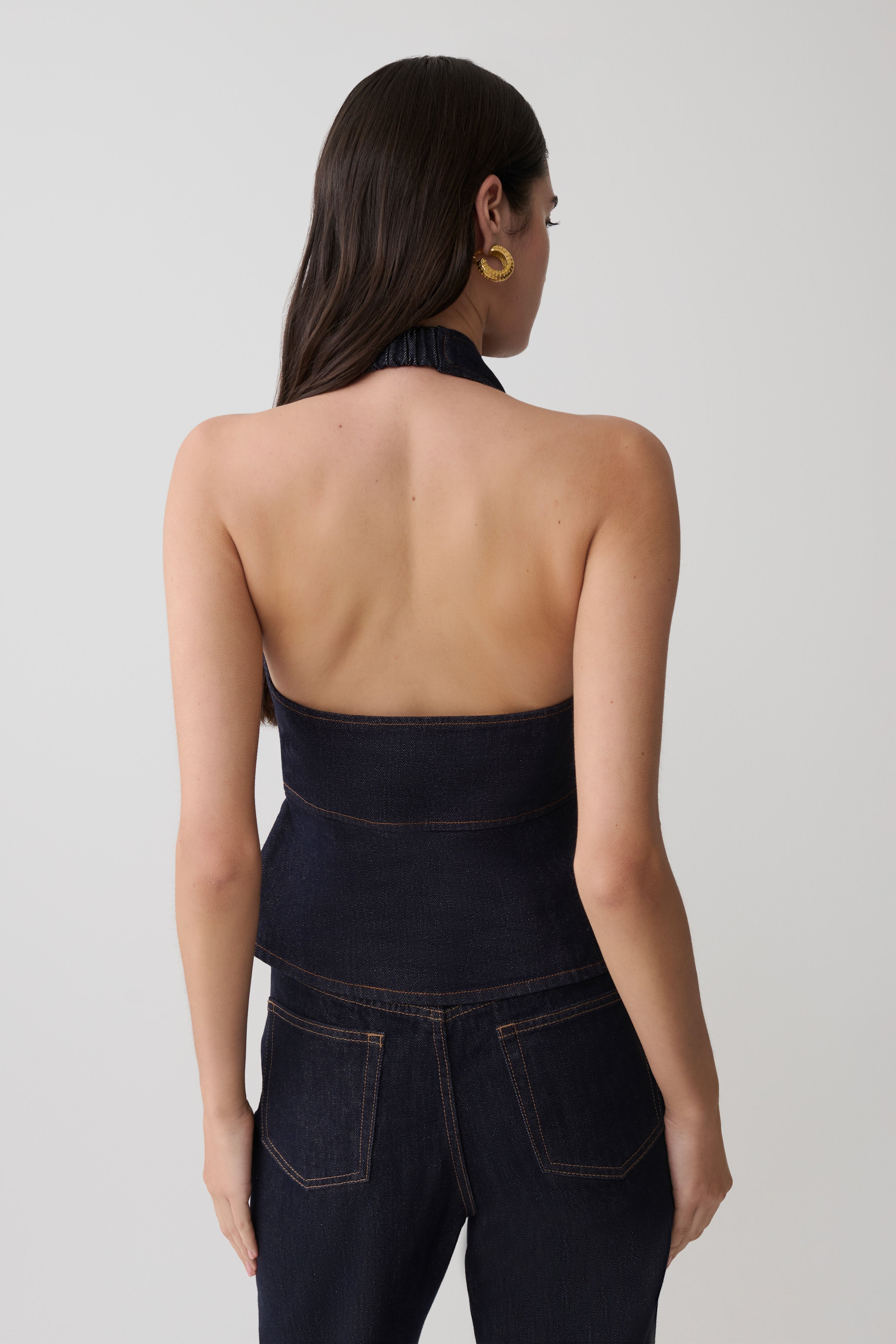 Halter Longline Denim Top - Washed Indigo Blue