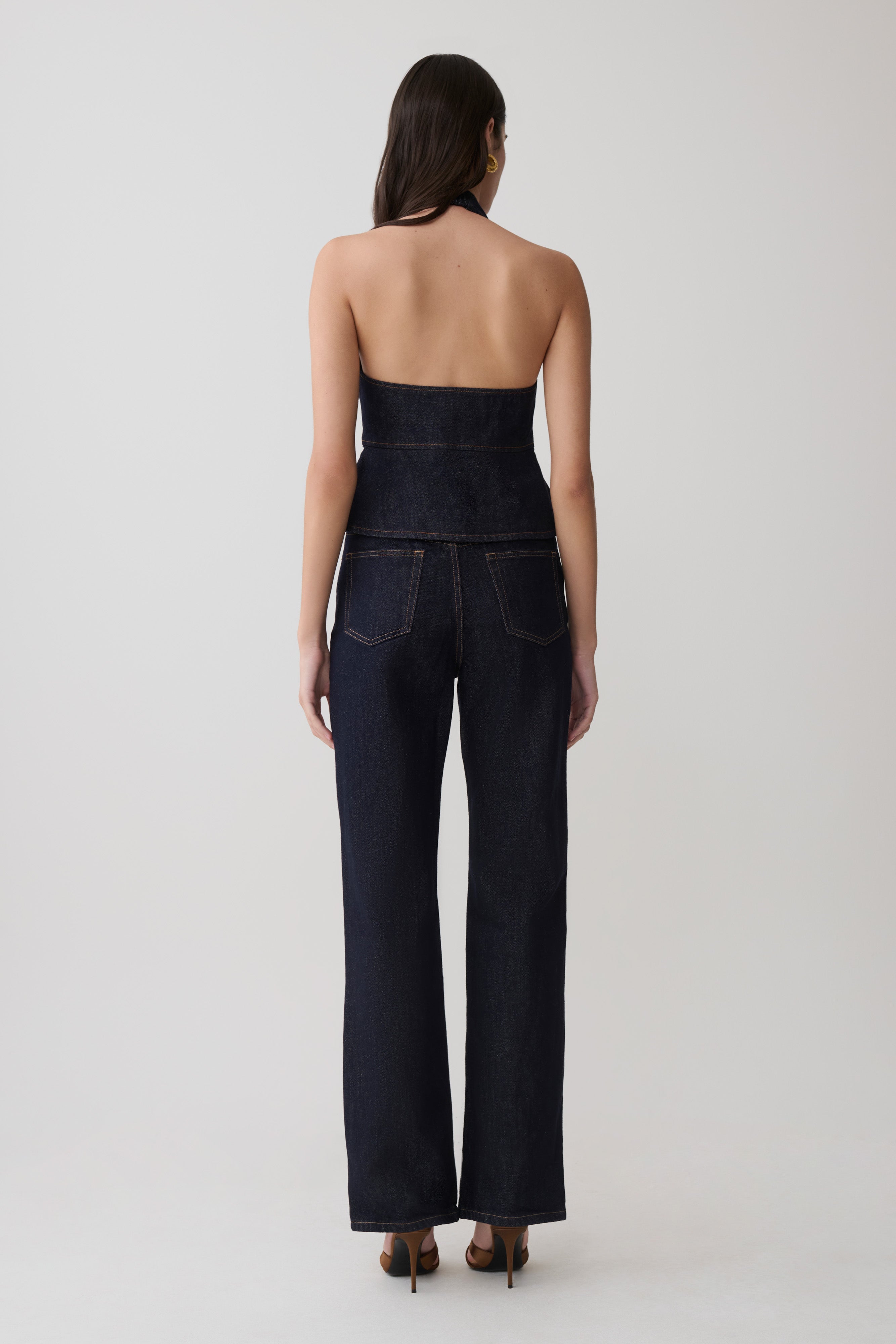 Halter Longline Denim Top - Washed Indigo Blue