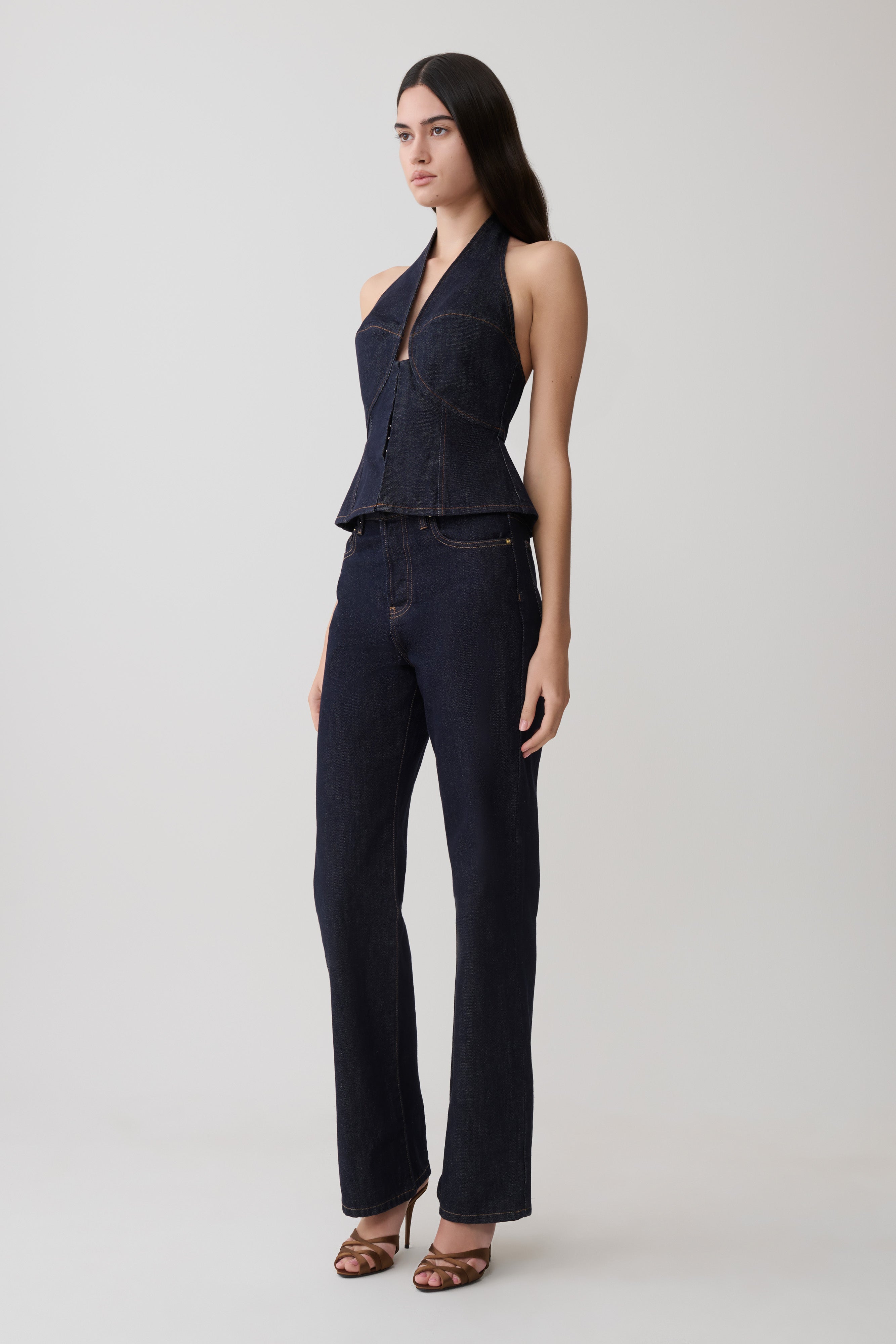 Halter Longline Denim Top - Washed Indigo Blue