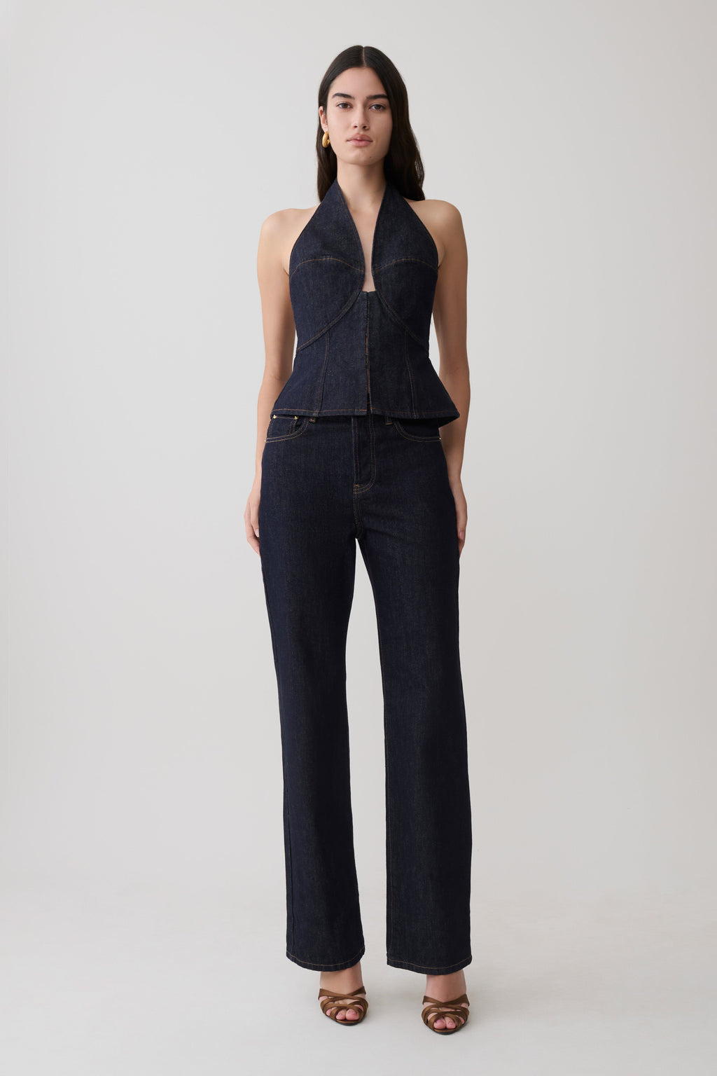 Halter Longline Denim Top - Washed Indigo Blue