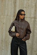 Faux Leather Bomber Jacket - Dark Chocolate