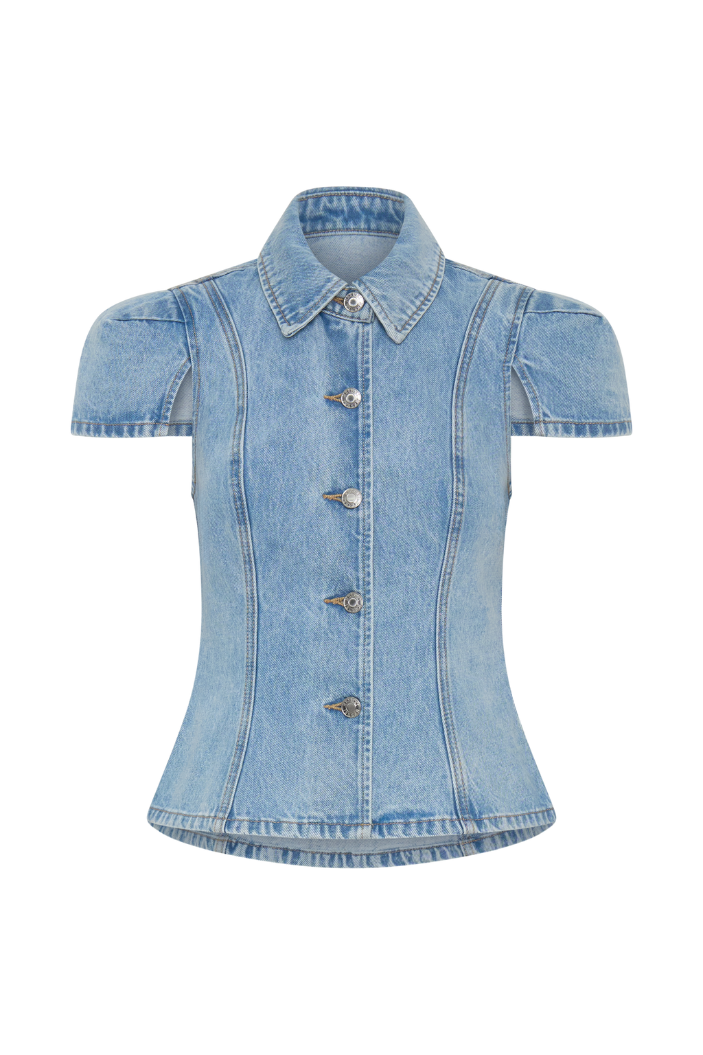 Short Sleeve Denim Top - Washed Light Blue