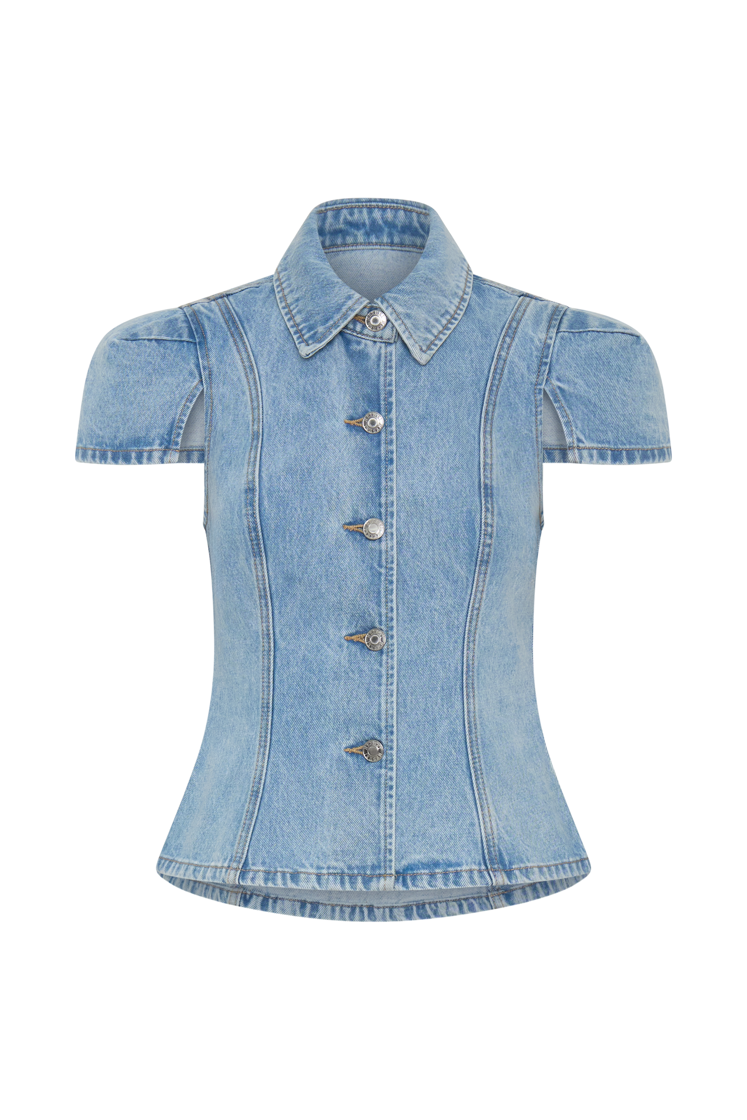 Short Sleeve Denim Top - Washed Light Blue
