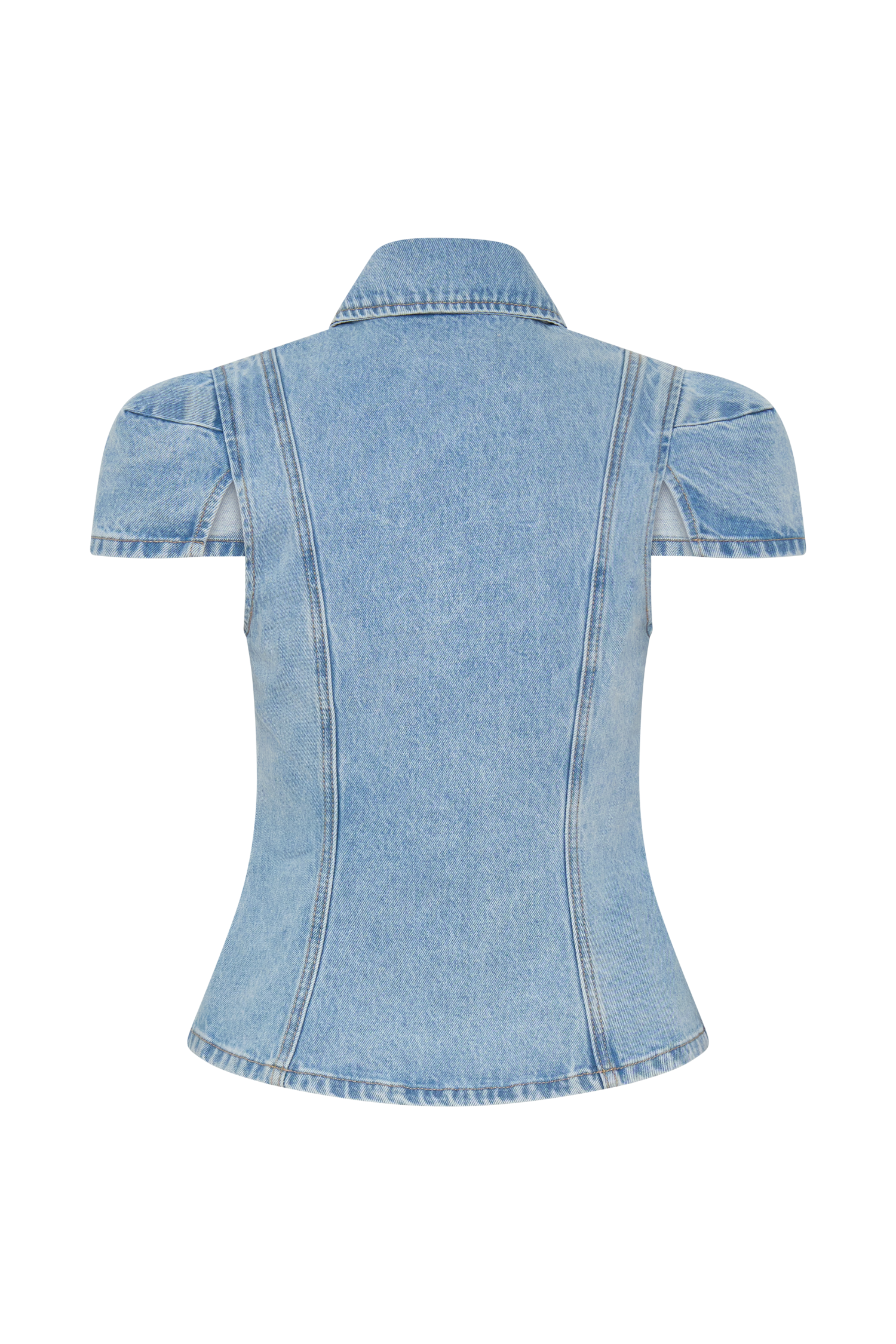 Short Sleeve Denim Top - Washed Light Blue