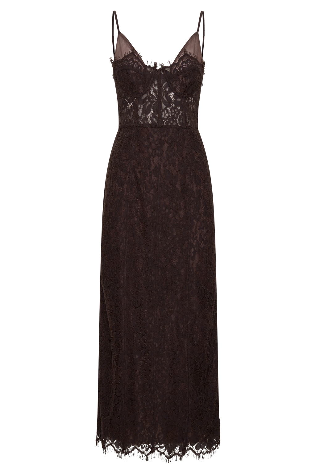 Lace And Mesh Midi Dress - Dark Chocolate