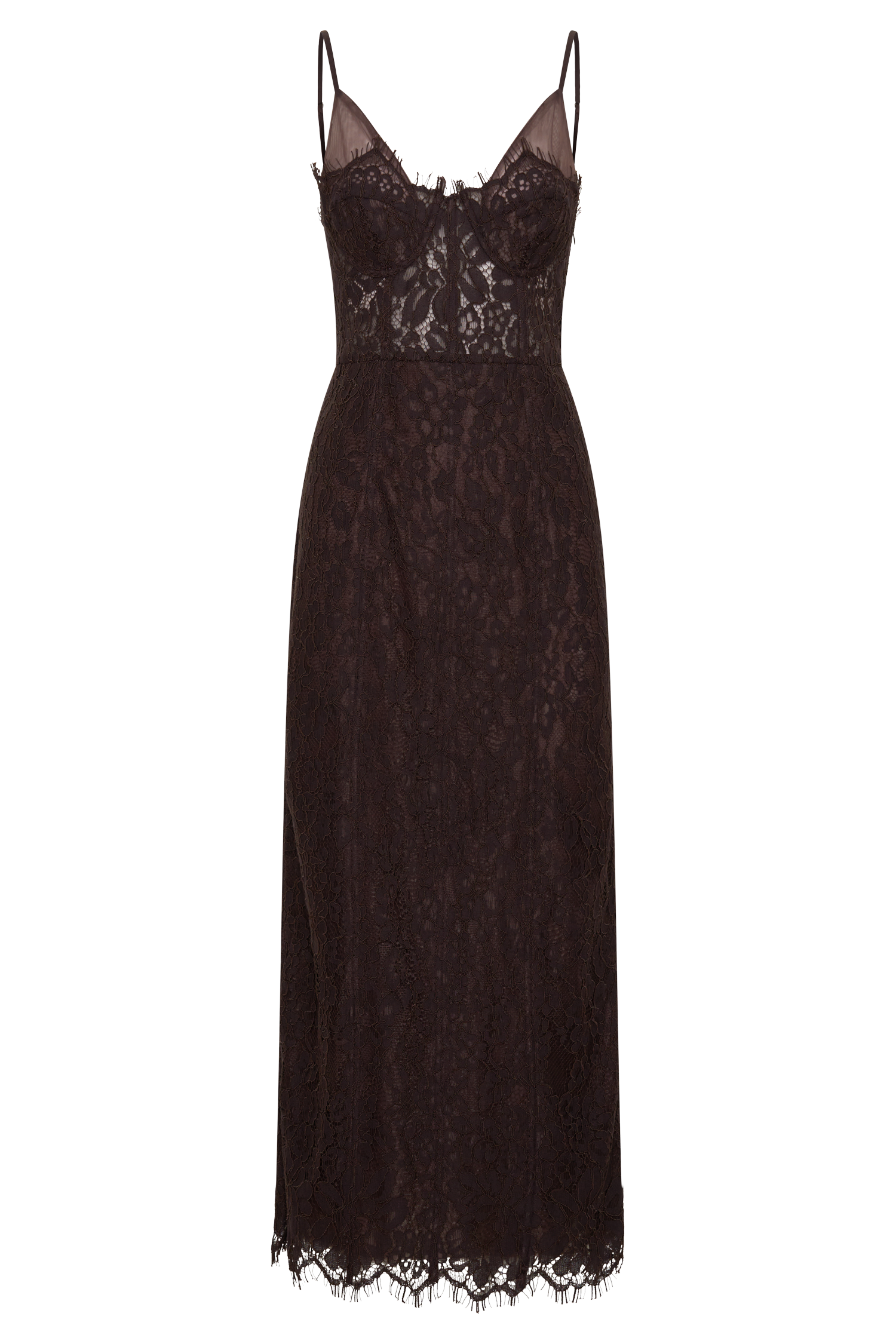 Lace And Mesh Midi Dress - Dark Chocolate