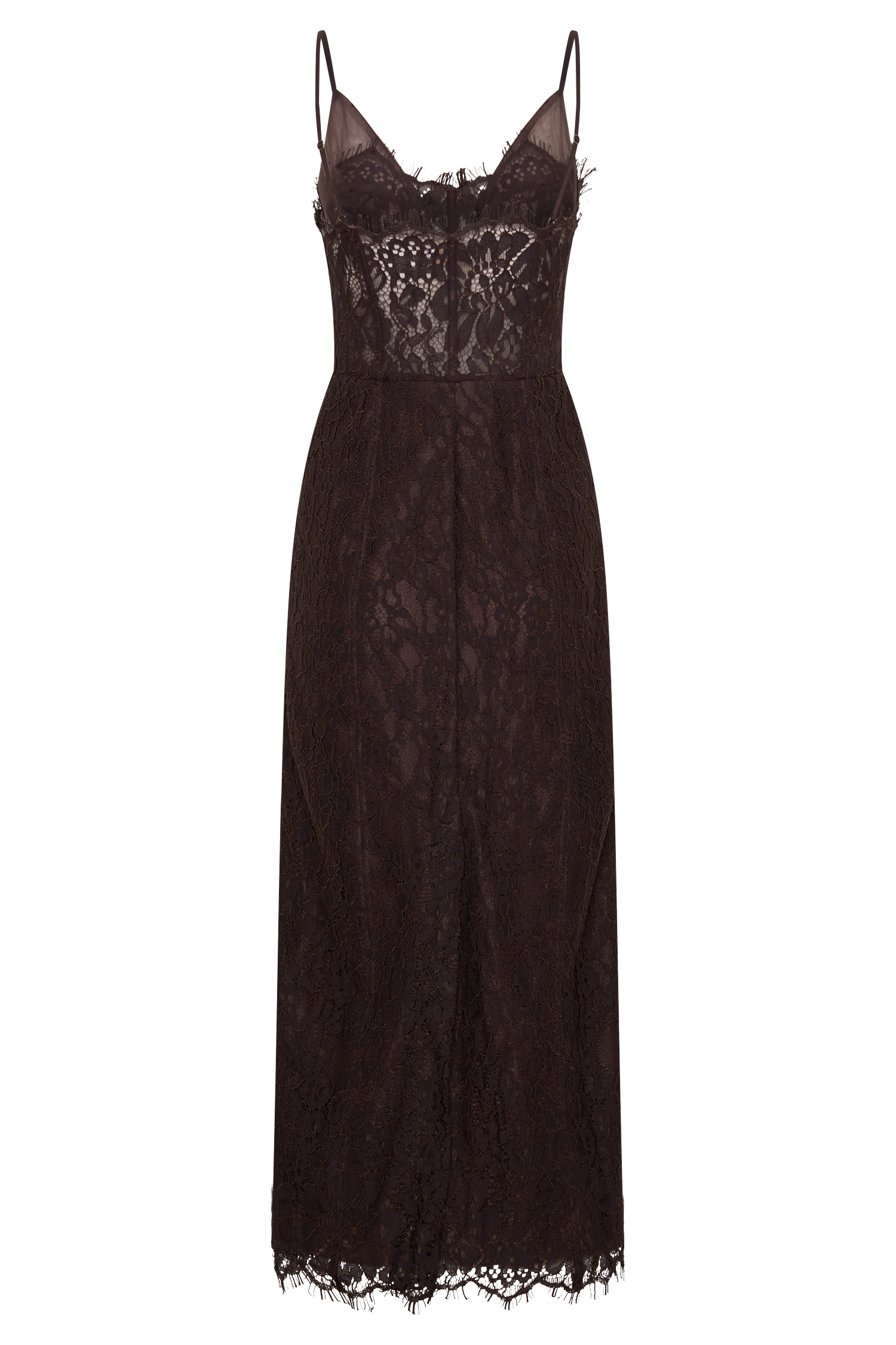 Lace And Mesh Midi Dress - Dark Chocolate