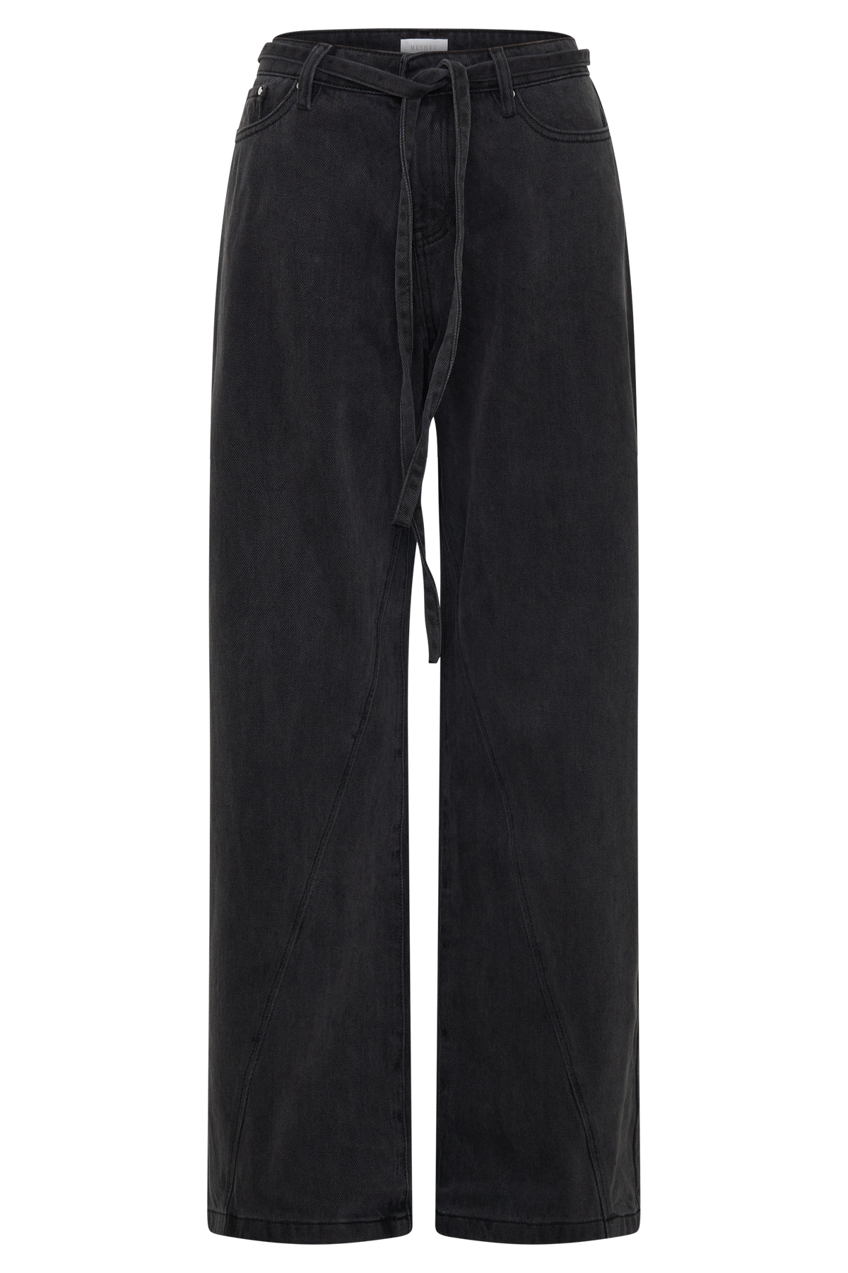 Jeans met mid waist, rechte pijpen en strikdetail - Gewassen zwart
