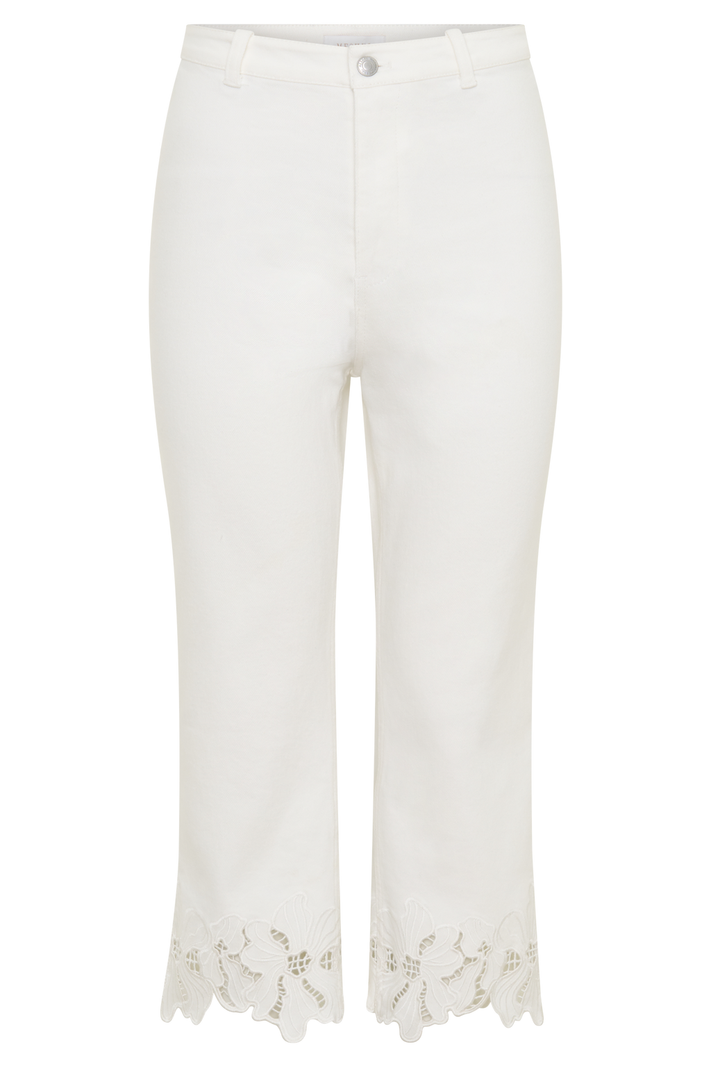 Spijkerdriekwartsbroek met bloemenborduursel - wit
