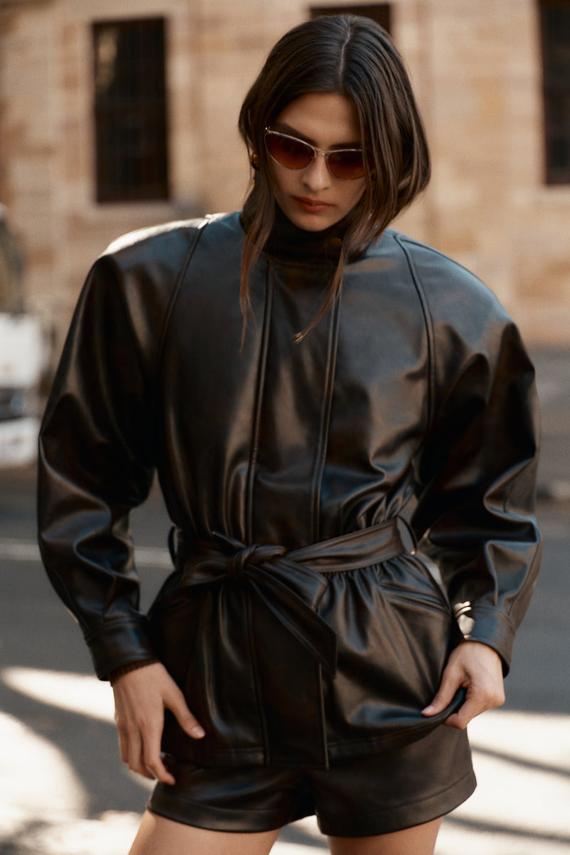 Faux Leather Cinch Waist Jacket - Dark Chocolate